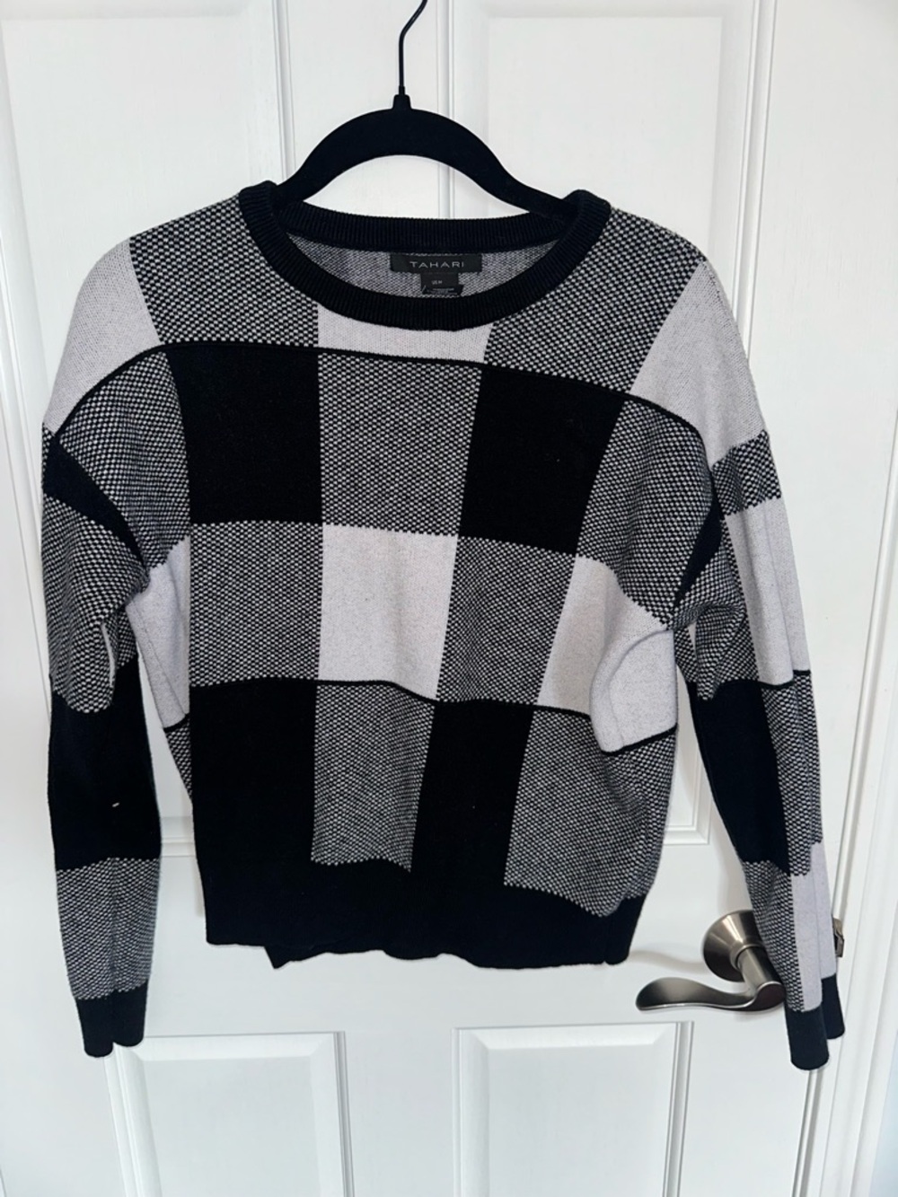 Tahari Black and White Buffalo Check Crewneck Sweater